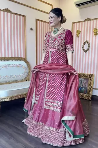 PINK CHINON  SILK PARTY WEAR EMBROIDERY CROP TOP  WITH BLOUSE LEHENGA CHOLI