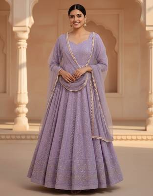 Lavender sequins & zari embroidered soft georgette stitched anarkali set 1