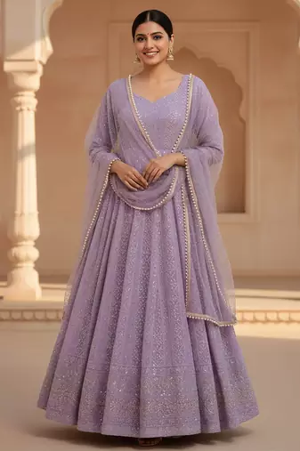 Lavender sequins & zari embroidered soft georgette stitched anarkali set
