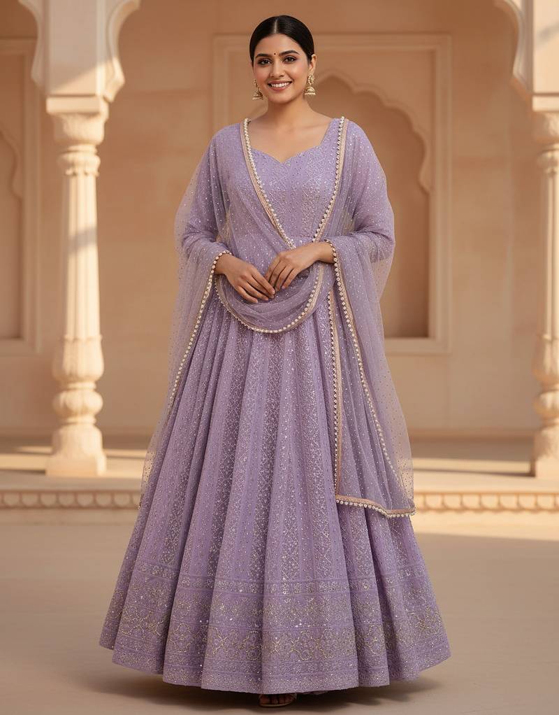 Lavender sequins & zari embroidered soft georgette stitched anarkali set