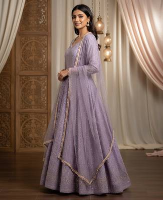 Lavender sequins & zari embroidered soft georgette stitched anarkali set 2