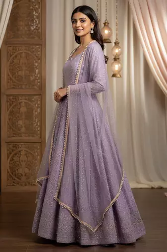 Lavender sequins & zari embroidered soft georgette stitched anarkali set