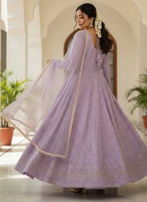 Lavender sequins & zari embroidered soft georgette stitched anarkali set 3