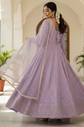 Lavender sequins & zari embroidered soft georgette stitched anarkali set