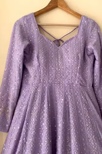 Lavender sequins & zari embroidered soft georgette stitched anarkali set