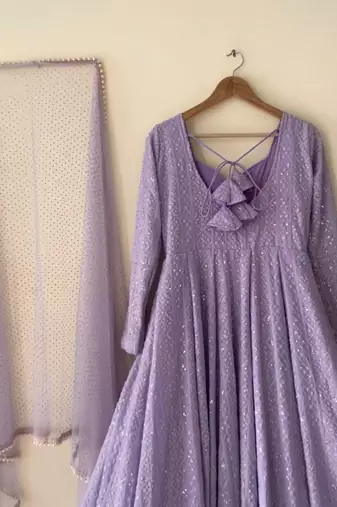 Lavender sequins & zari embroidered soft georgette stitched anarkali set