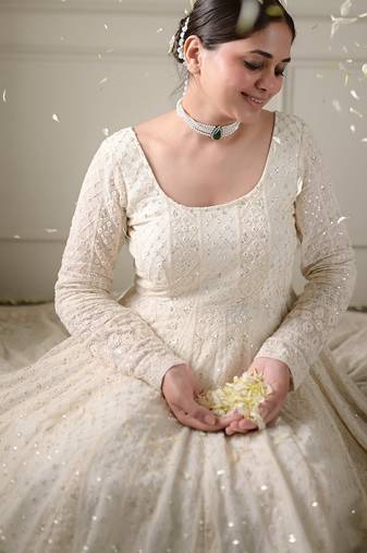 White sequins & zari embroidered soft georgette fully stitched anarkali suit set