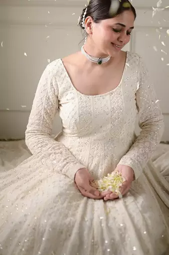 White sequins & zari embroidered soft georgette fully stitched anarkali suit set