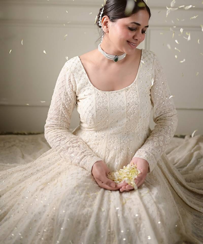 White sequins & zari embroidered soft georgette fully stitched anarkali suit set