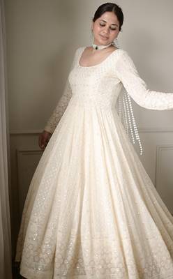 White sequins & zari embroidered soft georgette fully stitched anarkali suit set 2