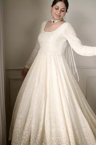 White sequins & zari embroidered soft georgette fully stitched anarkali suit set