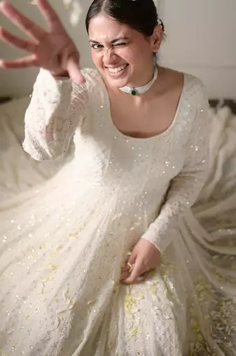 White sequins & zari embroidered soft georgette fully stitched anarkali suit set