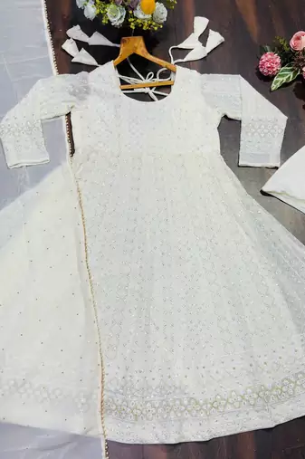White sequins & zari embroidered soft georgette fully stitched anarkali suit set