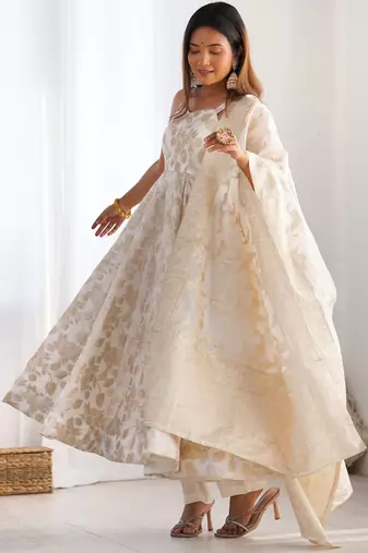 Cream woven banarasi jacquard dola silk fully stitched anarkali suit set