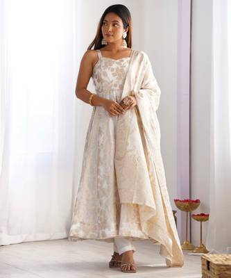 Cream woven banarasi jacquard dola silk fully stitched anarkali suit set 2