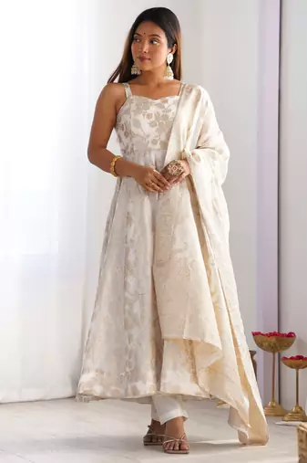 Cream woven banarasi jacquard dola silk fully stitched anarkali suit set