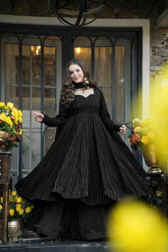 Black sequins & zari embroidered faux blooming fully stitched anarkali gown