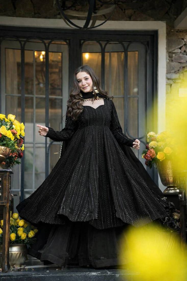 Black sequins & zari embroidered faux blooming fully stitched anarkali gown