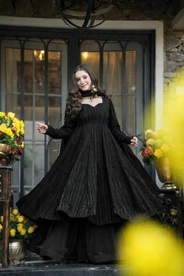 Black sequins & zari embroidered faux blooming fully stitched anarkali gown 1