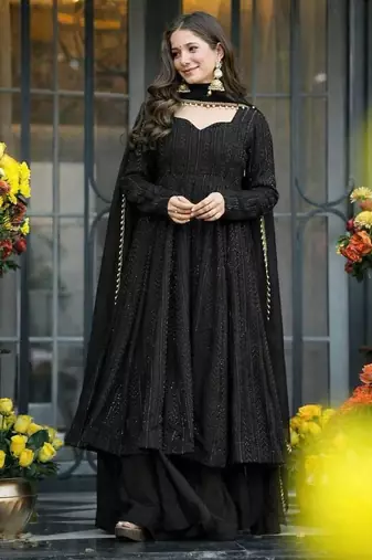 Black sequins & zari embroidered faux blooming fully stitched anarkali gown