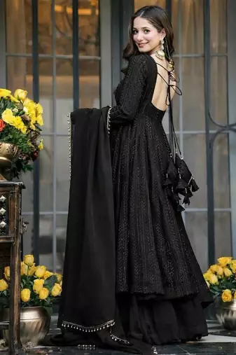 Black sequins & zari embroidered faux blooming fully stitched anarkali gown