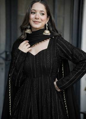 Black sequins & zari embroidered faux blooming fully stitched anarkali gown 4