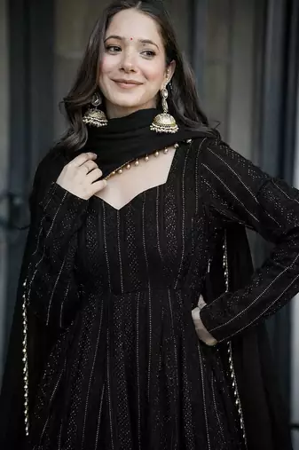 Black sequins & zari embroidered faux blooming fully stitched anarkali gown