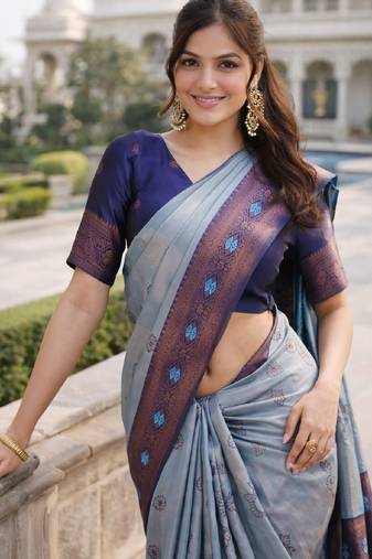 Blue rama silk blend jacuard work designer party wear saree with unstitched blouse piece