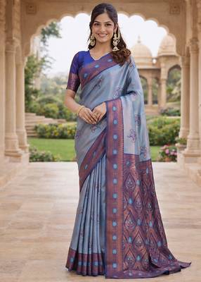 Blue rama silk blend saree with unstitched blouse piece 2