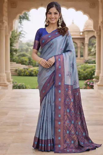 Blue rama silk blend saree with unstitched blouse piece