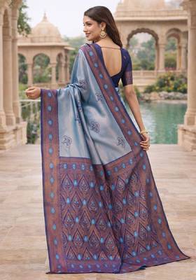 Blue rama silk blend saree with unstitched blouse piece 3