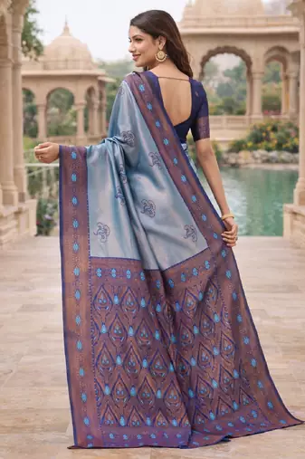 Blue rama silk blend saree with unstitched blouse piece