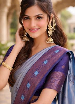 Blue rama silk blend saree with unstitched blouse piece 4