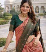 Green gajri silk blend jacuard work designer party wear saree with unstitched blouse piece