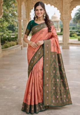 Green gajri silk blend saree with unstitched blouse piece 2