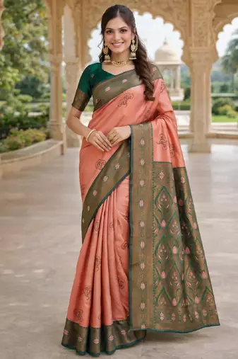 Green gajri silk blend saree with unstitched blouse piece
