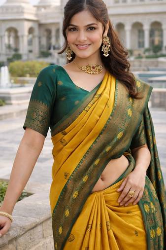 Green gold silk blend jacuard work designer party wear saree with unstitched blouse piece