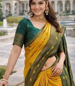 Green gold silk blend jacuard work designer party wear saree with unstitched blouse piece