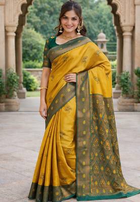 Green gold silk blend saree with unstitched blouse piece 2