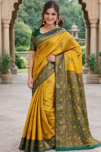 Green gold silk blend saree with unstitched blouse piece