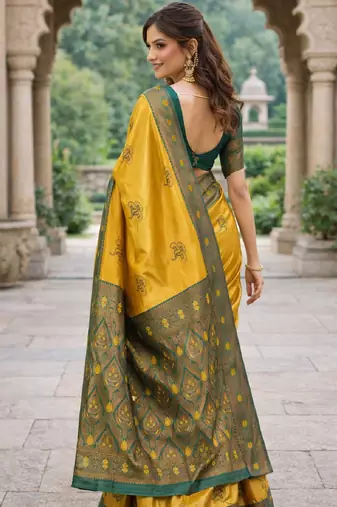 Green gold silk blend saree with unstitched blouse piece