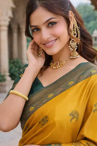 Green gold silk blend saree with unstitched blouse piece