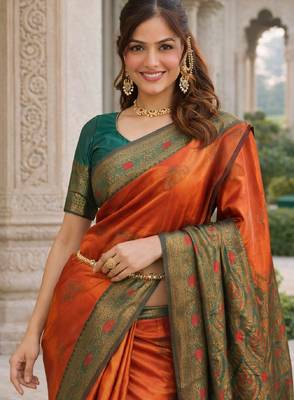 Green orange silk blend saree with unstitched blouse piece 1