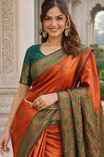 Green orange silk blend jacuard work designer party wear saree with unstitched blouse piece