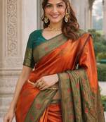 Green orange silk blend jacuard work designer party wear saree with unstitched blouse piece