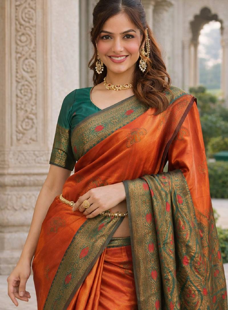 Green orange silk blend jacuard work designer party wear saree with unstitched blouse piece