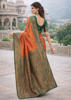 Green orange silk blend saree with unstitched blouse piece 3