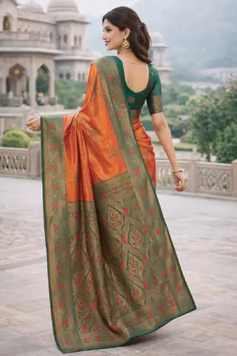 Green orange silk blend jacuard work designer party wear saree with unstitched blouse piece