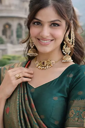 Green orange silk blend jacuard work designer party wear saree with unstitched blouse piece
