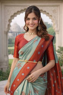 Red rama silk blend saree with unstitched blouse piece 1